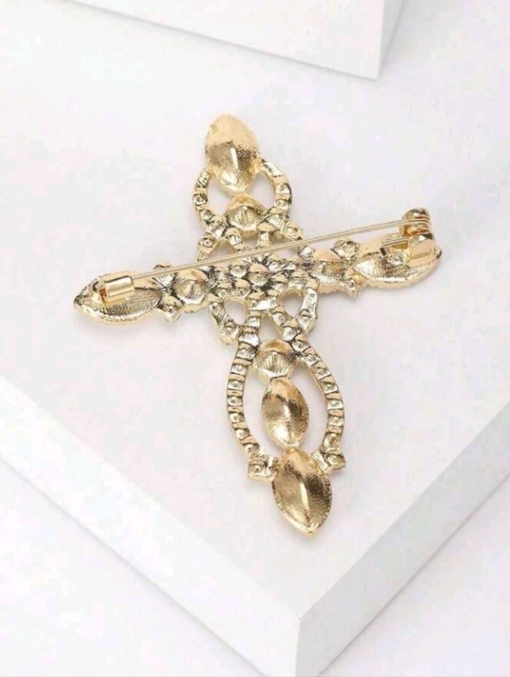Golden Iridescent Rhinestone Cross Brooch Pin - Picture 4 of 5